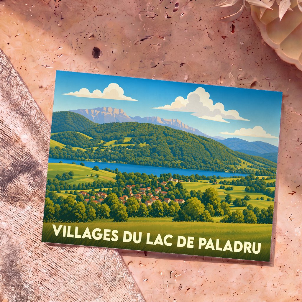 Carte postale souvenir des Villages du Lac de Paladru avec une illustration stylisée de paysages vallonnés et du lac.