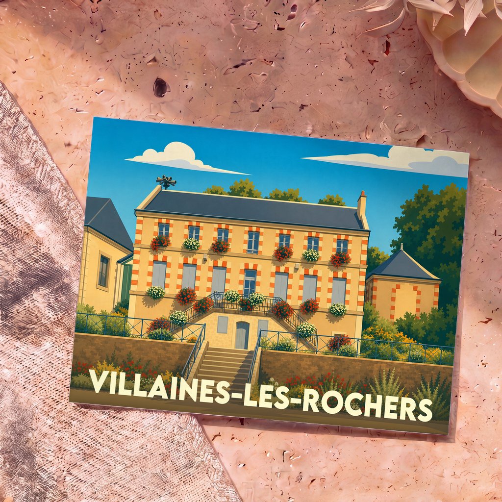 Carte postale souvenir de la ville de Villaines-les-Rochers avec une illustration stylisée d'un bâtiment fleuri.