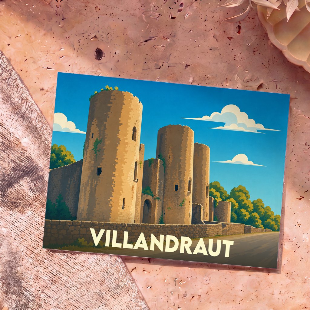 Carte postale souvenir de la ville de Villandraut avec une illustration stylisée de son château médiéval.