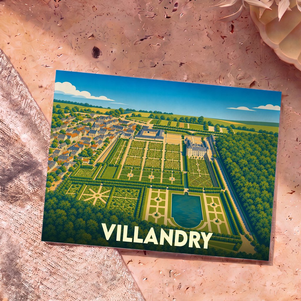 Carte postale souvenir de la ville de Villandry avec une illustration stylisée vue du ciel de son château et de ses jardins renommés.