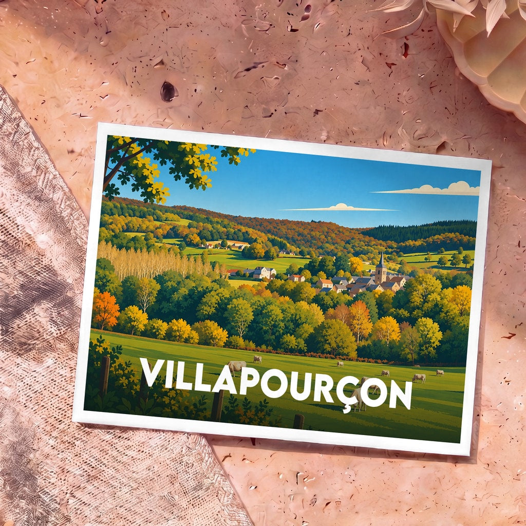 Carte postale souvenir de la ville de Villapourçon avec une illustration stylisée de son paysage vallonné.