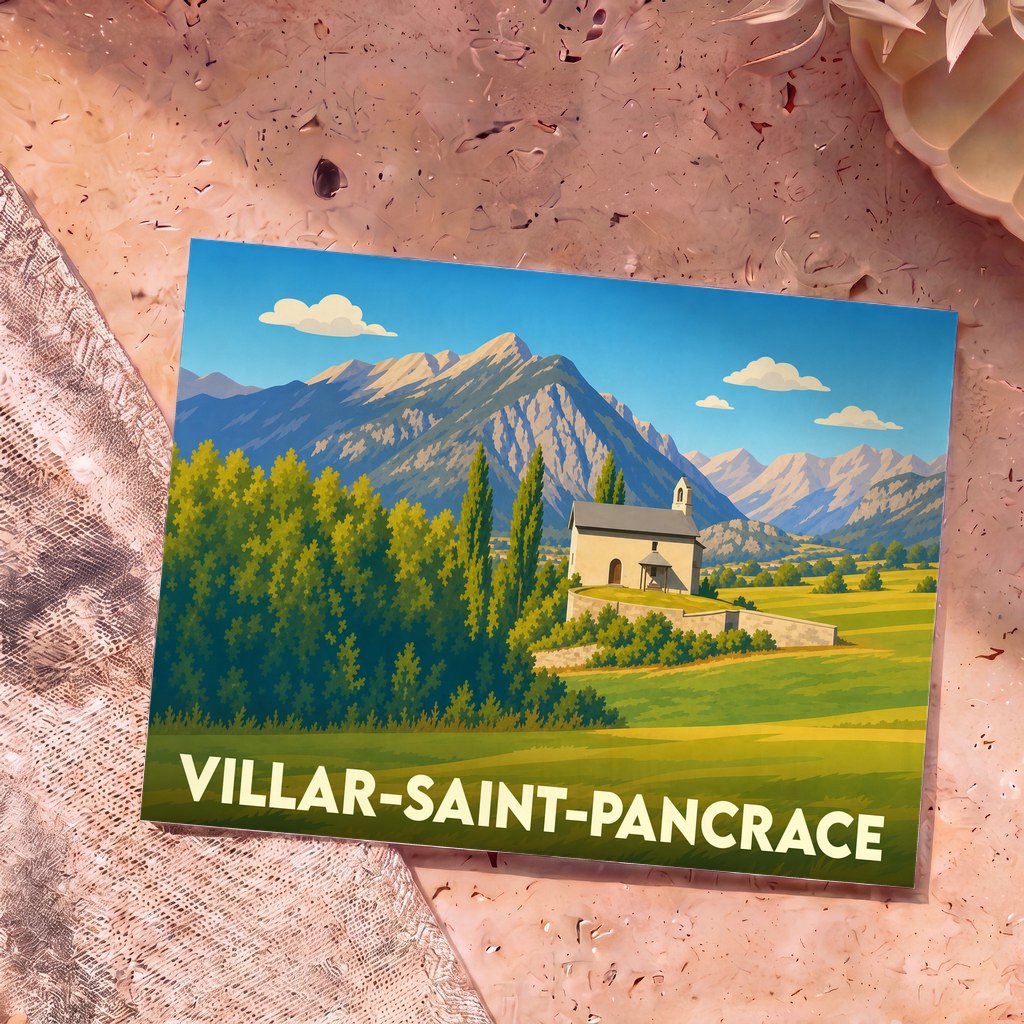 Carte postale souvenir de la ville de Villar-Saint-Pancrace avec une illustration de paysage de montagne stylisée.