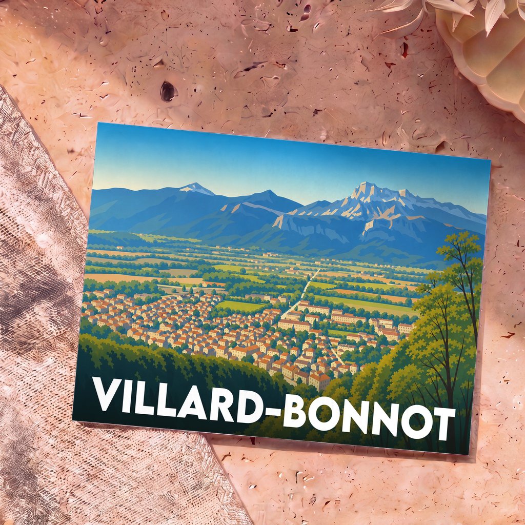 Carte postale souvenir de la ville de Villard-Bonnot illustrée d'un panorama coloré sur la vallée et les montagnes environnantes.