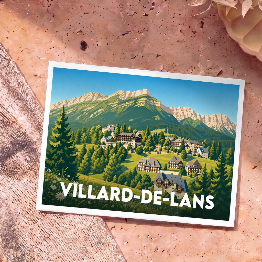 Carte postale souvenir de la ville de Villard-de-Lans avec une illustration stylisée de ses paysages montagneux.