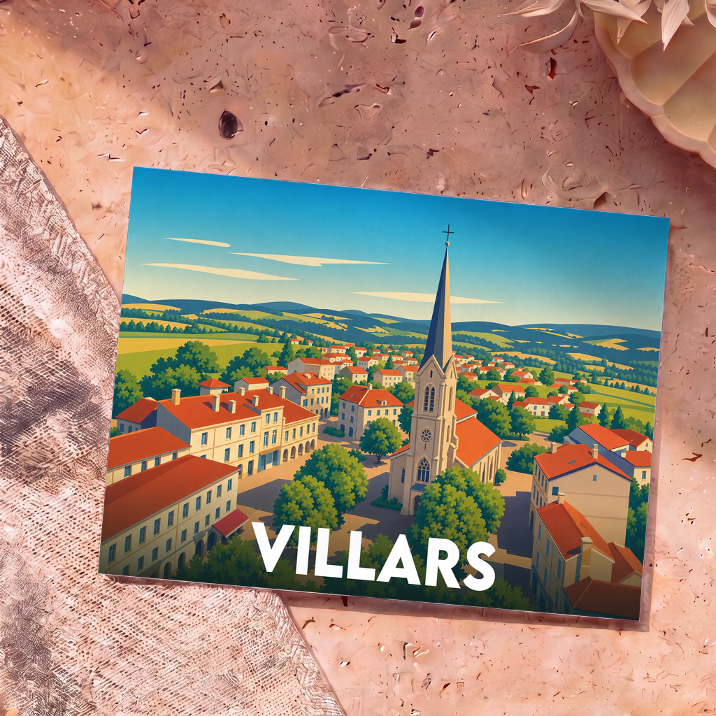 Carte postale souvenir de la ville de Villars avec une illustration stylisée.