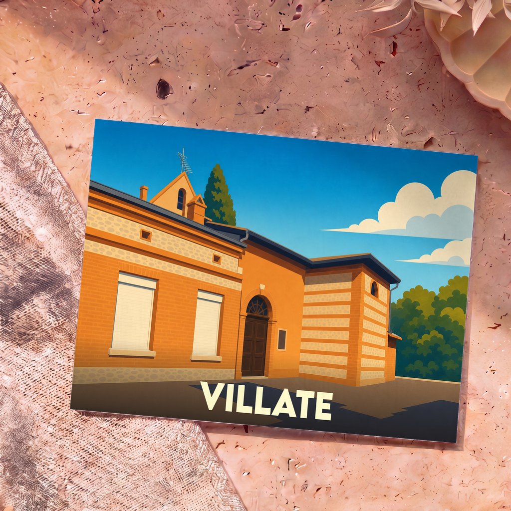 Carte postale souvenir de la ville de Villate avec une illustration stylisée de son architecture locale.