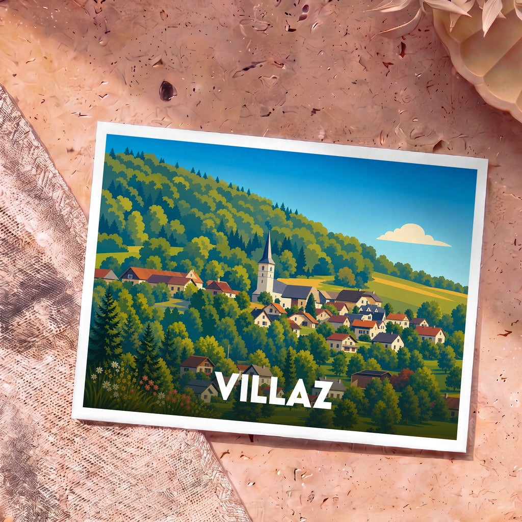 Carte postale souvenir de la ville de Villaz illustrant son village vallonné dans un style graphique épuré.