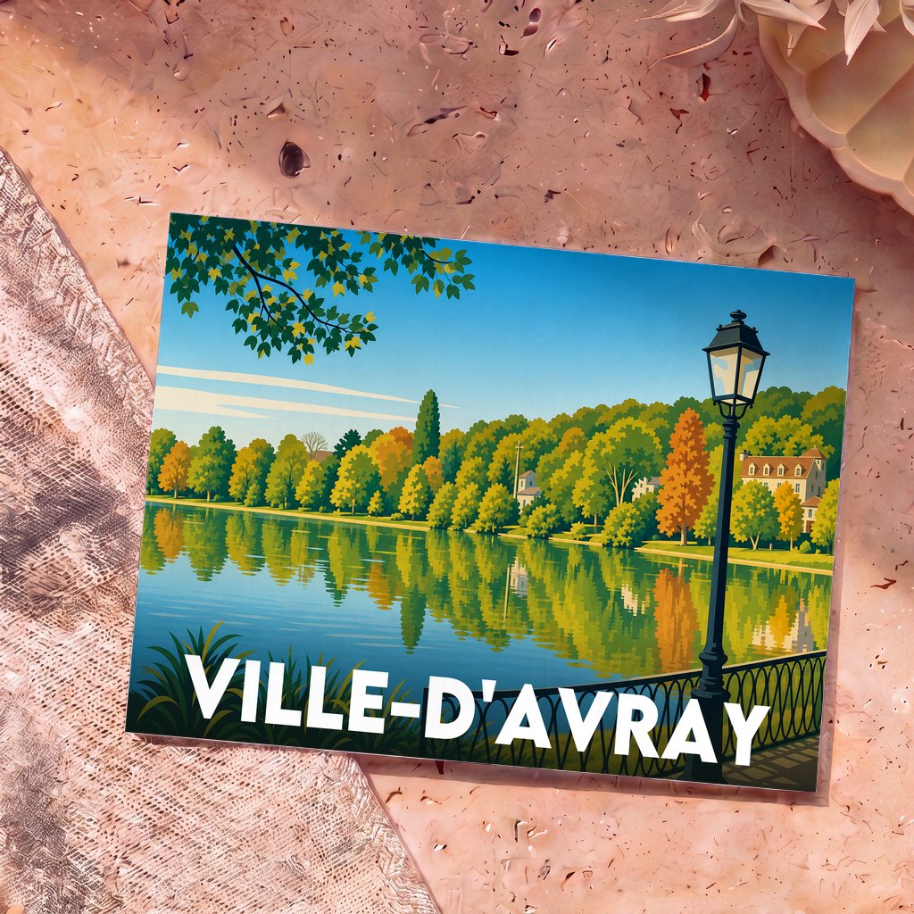 Carte postale souvenir de la ville de Ville-d'Avray avec une illustration stylisée de ses étangs.