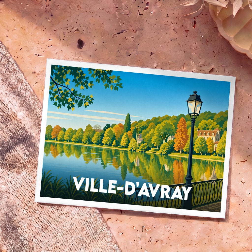 Carte postale souvenir de la ville de Ville-d'Avray avec une illustration stylisée de ses étangs.