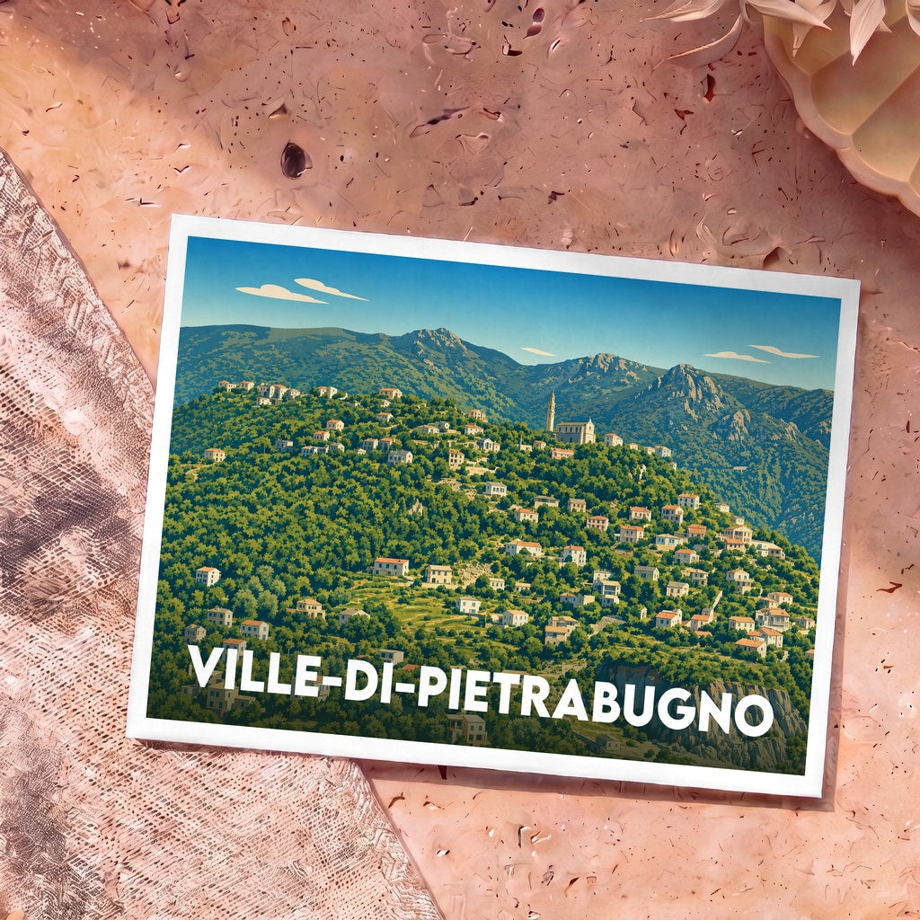 Carte postale souvenir de Ville-di-Pietrabugno illustrant le village à flanc de colline sur fond de montagnes.