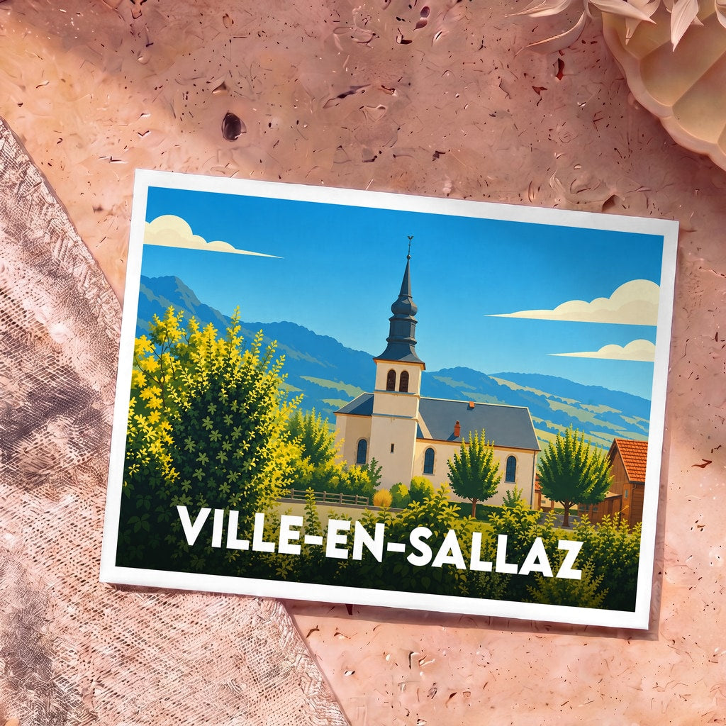 Carte postale souvenir de la ville de Ville-en-Sallaz avec une illustration stylisée d'une église de montagne.