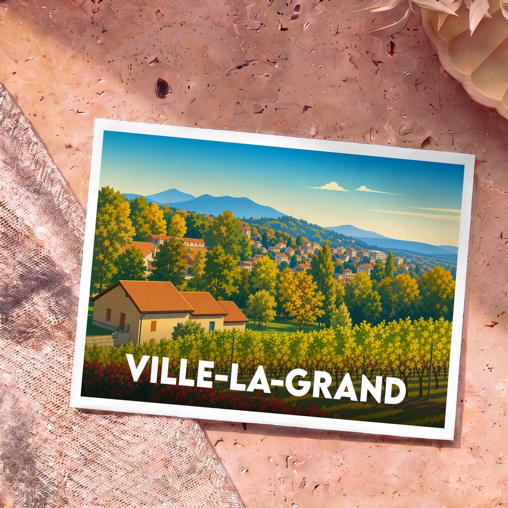 Carte postale souvenir de Ville-la-Grand avec une illustration stylisée de paysages vallonnés et de vignobles.