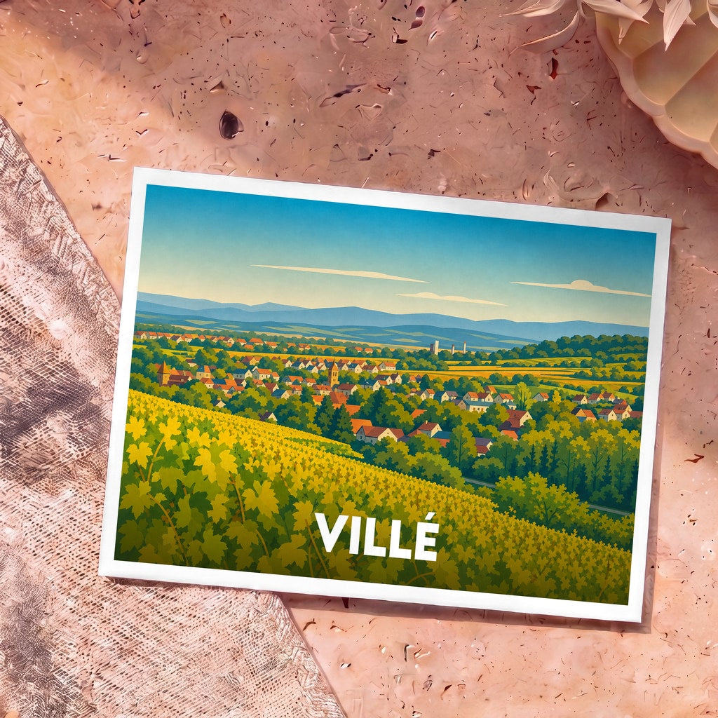 Carte postale souvenir de la ville de Villé avec une illustration stylisée de son paysage de vignobles.