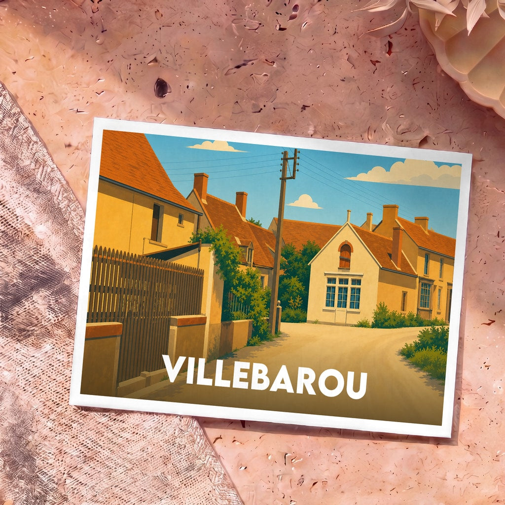 Carte postale souvenir de la ville de Villebarou avec une illustration stylisée et colorée de ses maisons traditionnelles.