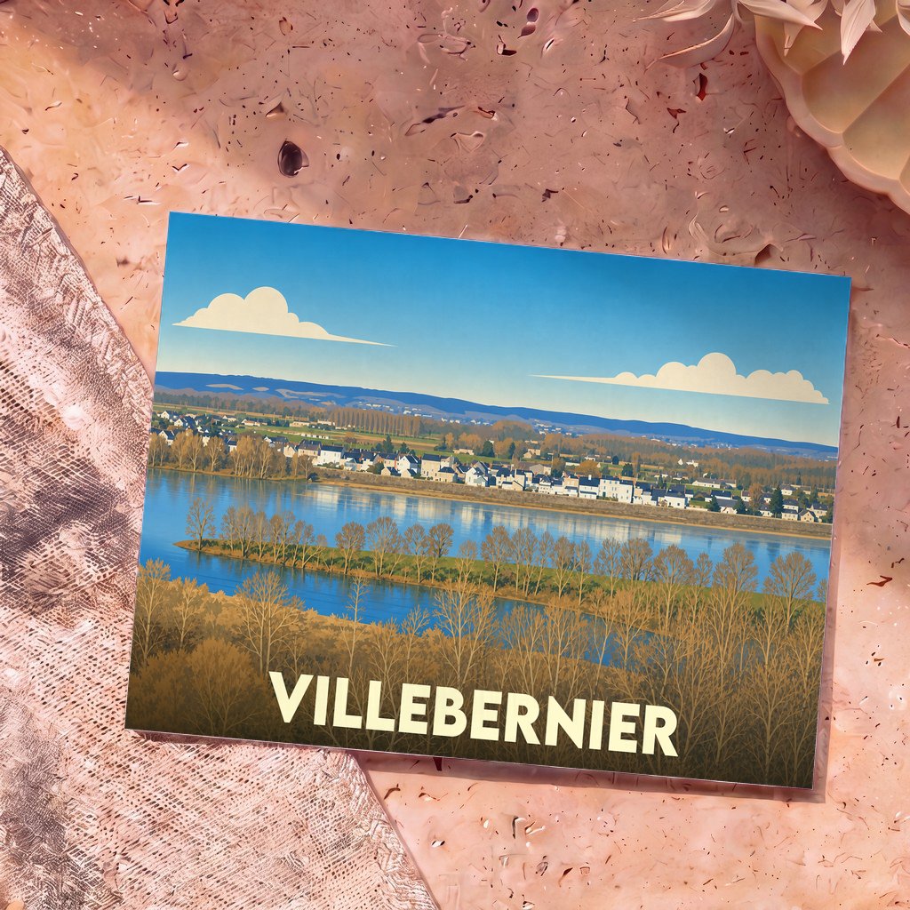 Carte postale souvenir de la ville de Villebernier avec une illustration stylisée des bords de Loire.