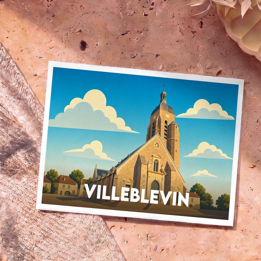 Carte postale souvenir de la ville de Villeblevin illustrant son église dans un style graphique épuré.