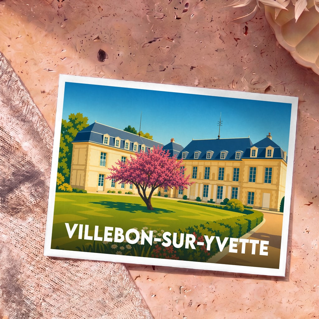 Carte postale souvenir de la ville de Villebon-sur-Yvette avec une illustration stylisée d'un château et d'un jardin.