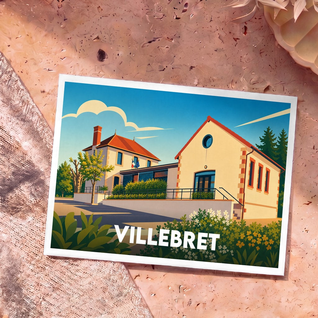 Carte postale souvenir de la ville de Villebret présentant une illustration stylisée de sa mairie et de son école.