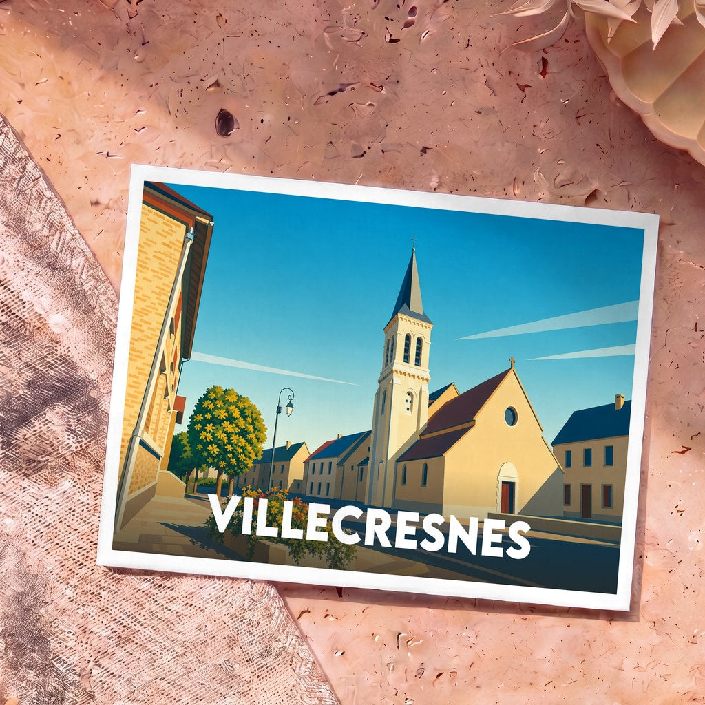 Carte postale souvenir de la ville de Villecresnes avec une illustration stylisée de son église et de son centre-ville.