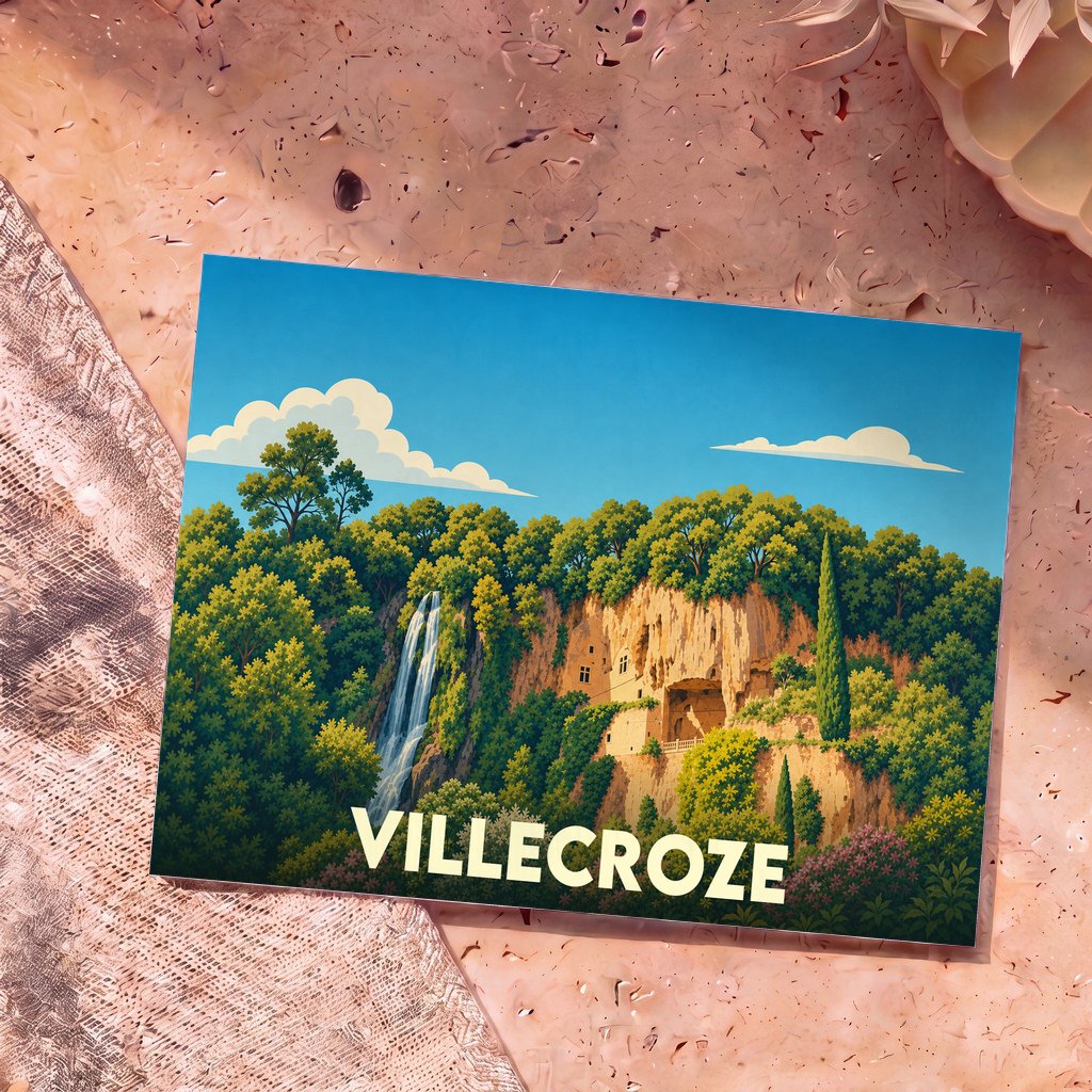 Carte postale souvenir de la ville de Villecroze avec une illustration stylisée de sa falaise et de sa cascade.
