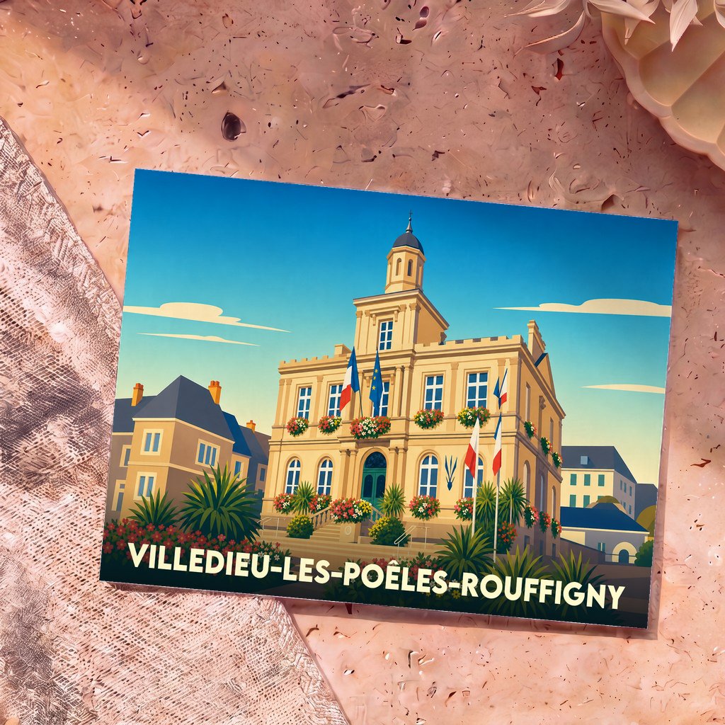 Carte postale souvenir de la ville de Villedieu-les-Poêles-Rouffigny avec une illustration stylisée de son hôtel de ville fleuri.