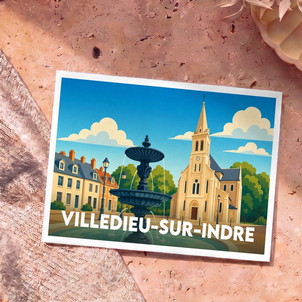 Carte postale souvenir de Villedieu-sur-Indre illustrant une fontaine et l'église du village dans un style graphique épuré.