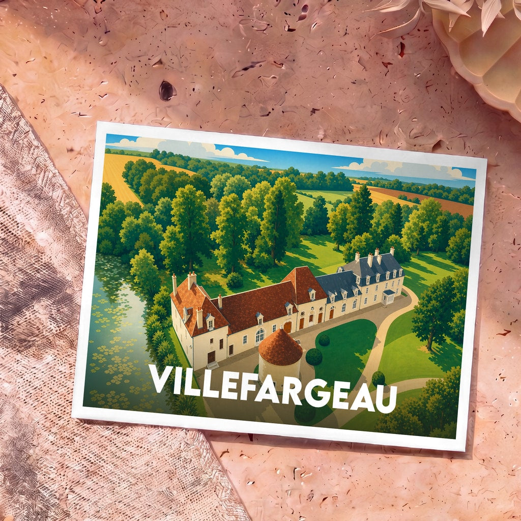 Carte postale souvenir de la ville de Villefargeau illustrant un château entouré de verdure dans un style graphique épuré.