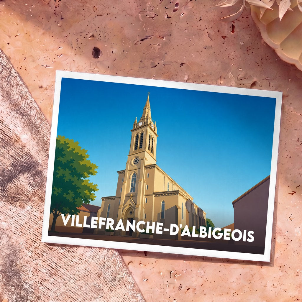 Carte postale souvenir de la ville de Villefranche-d'Albigeois illustrant son église dans un style graphique épuré.
