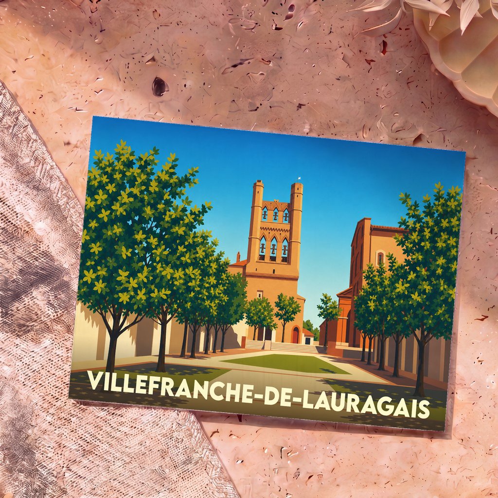 Carte postale souvenir de Villefranche-de-Lauragais illustrant son église à clocher-mur dans un style graphique épuré.