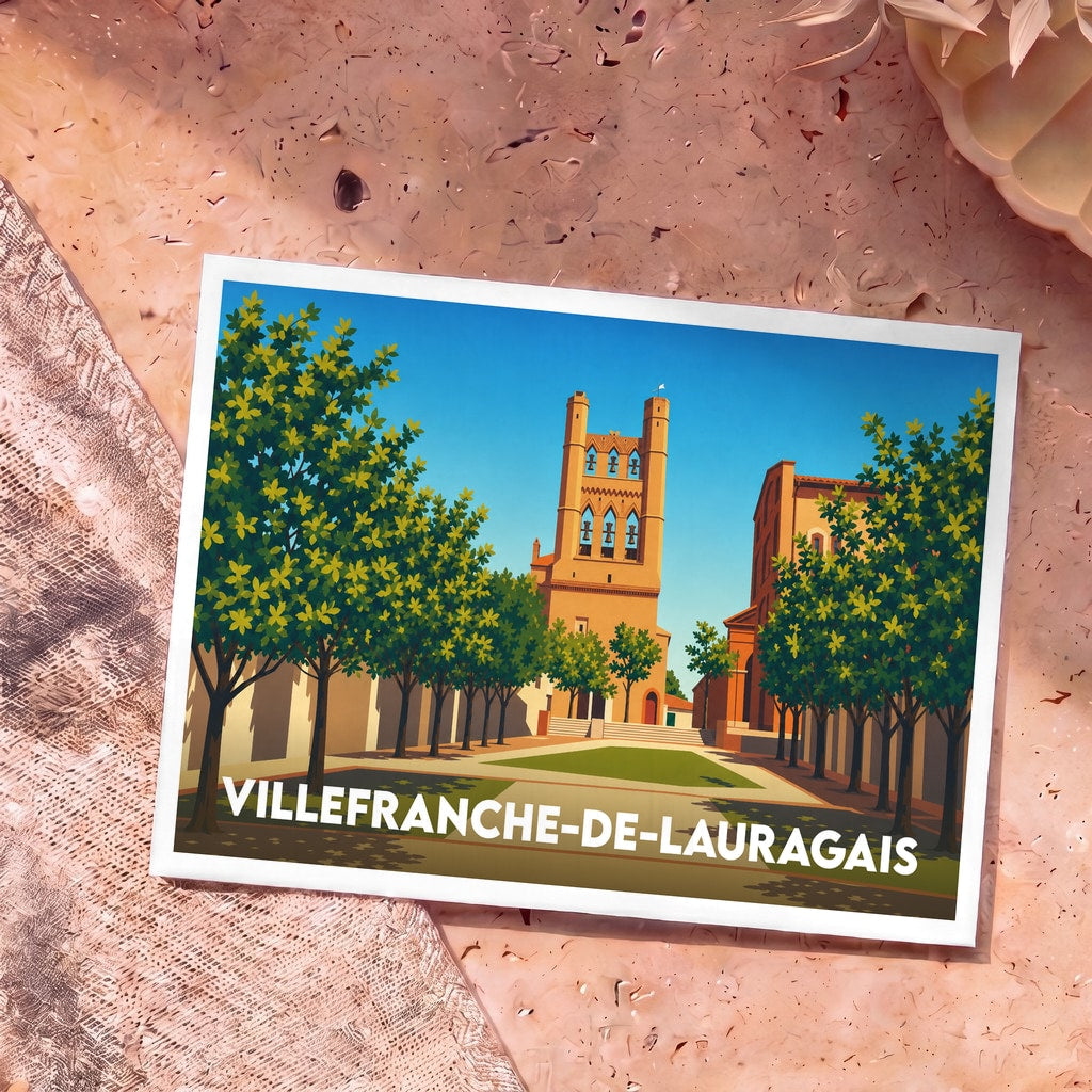 Carte postale souvenir de Villefranche-de-Lauragais illustrant son église à clocher-mur dans un style graphique épuré.