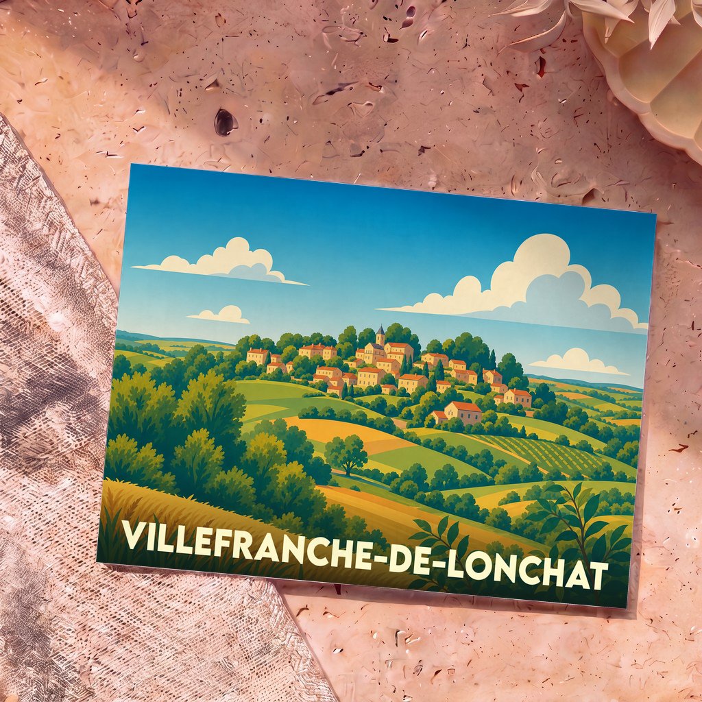 Carte postale souvenir de Villefranche-de-Lonchat illustrant le village perché et ses paysages vallonnés dans un style rétro.