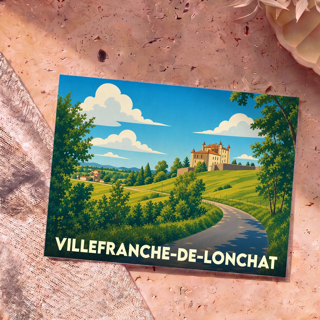 Carte postale souvenir de Villefranche-de-Lonchat illustrant un château sur une colline verdoyante dans un style graphique épuré.