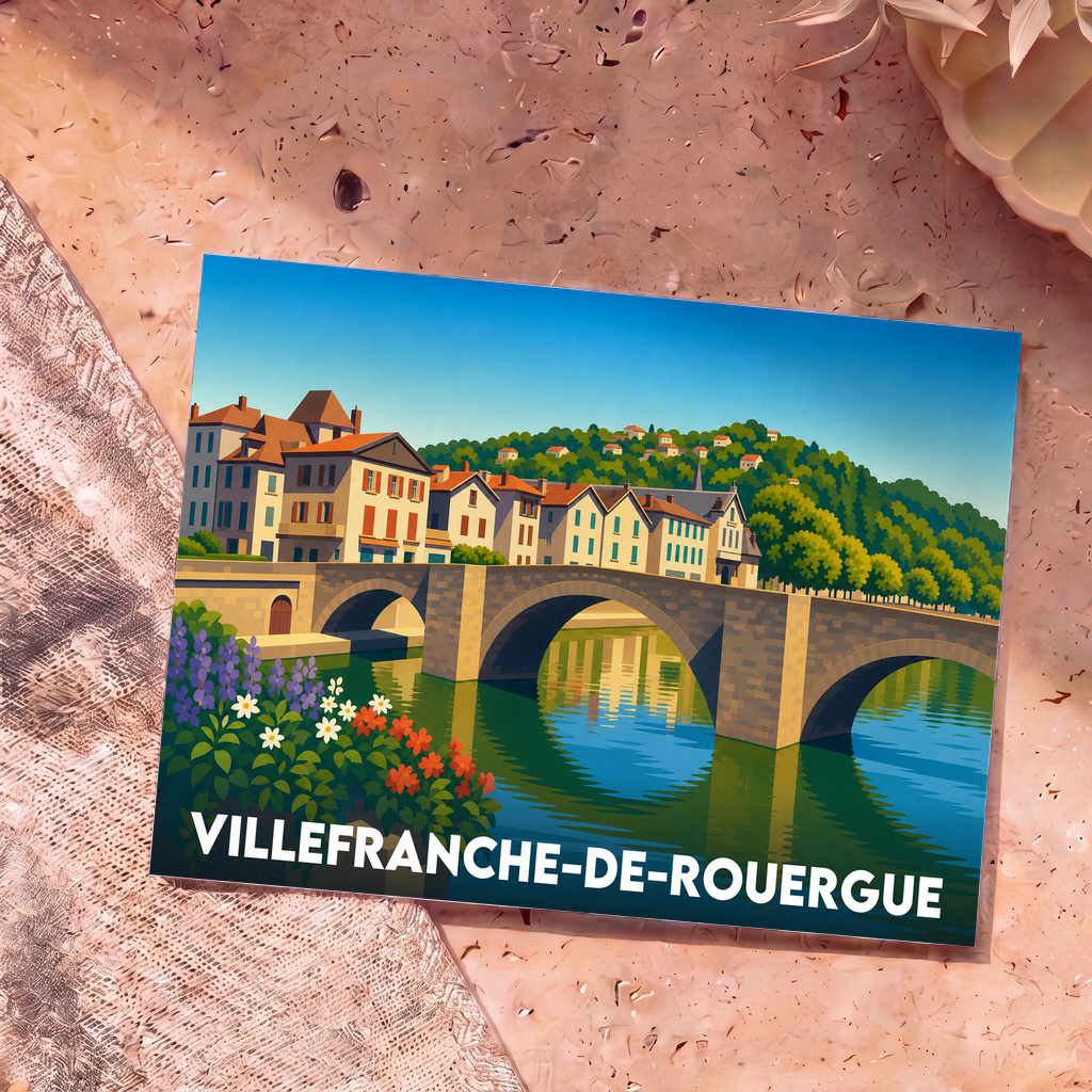 Carte postale souvenir de la ville de Villefranche-de-Rouergue avec une illustration stylisée de son pont et de ses maisons au bord de l'eau.