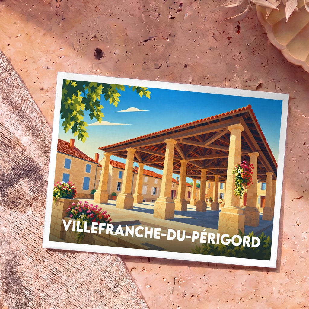 Carte postale souvenir de Villefranche-du-Périgord illustrant sa halle historique avec un style graphique épuré.