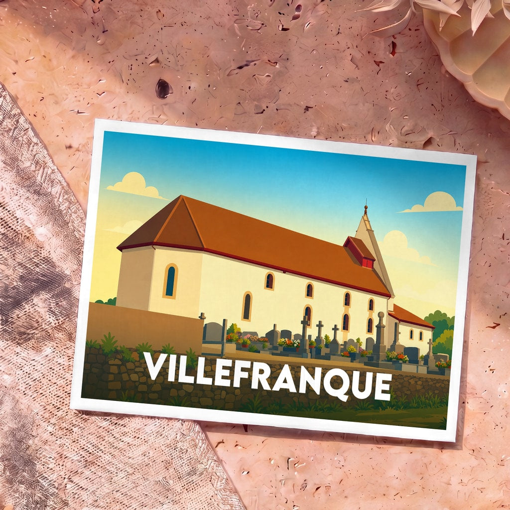 Carte postale souvenir de la ville de Villefranque avec une illustration stylisée de son église et de son cimetière.