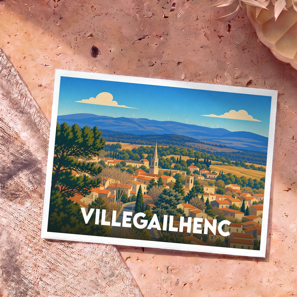 Carte postale souvenir de la ville de Villegailhenc avec une illustration stylisée de son paysage et de ses toits.