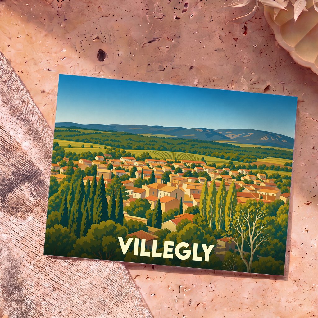 Carte postale souvenir de la ville de Villegly illustrée d'un paysage panoramique coloré et stylisé.