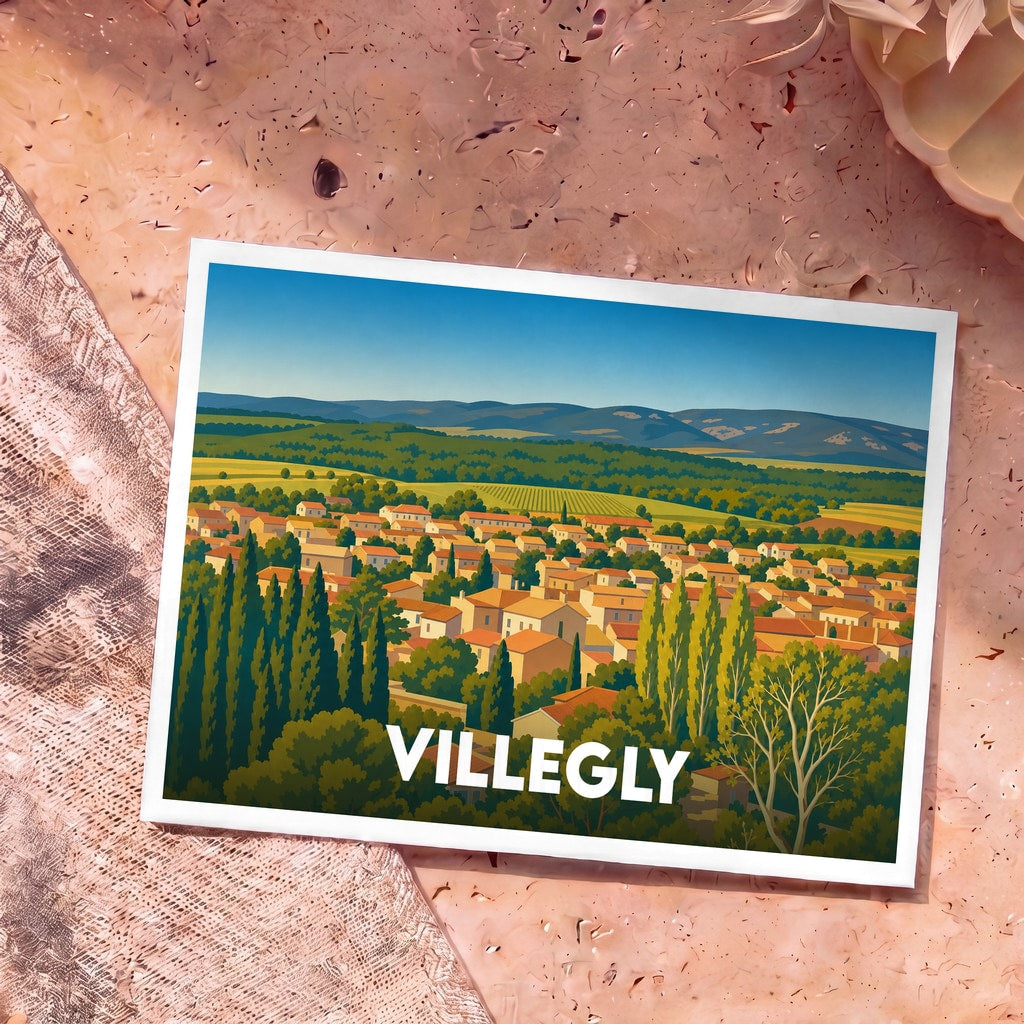 Carte postale souvenir de la ville de Villegly illustrée d'un paysage panoramique coloré et stylisé.