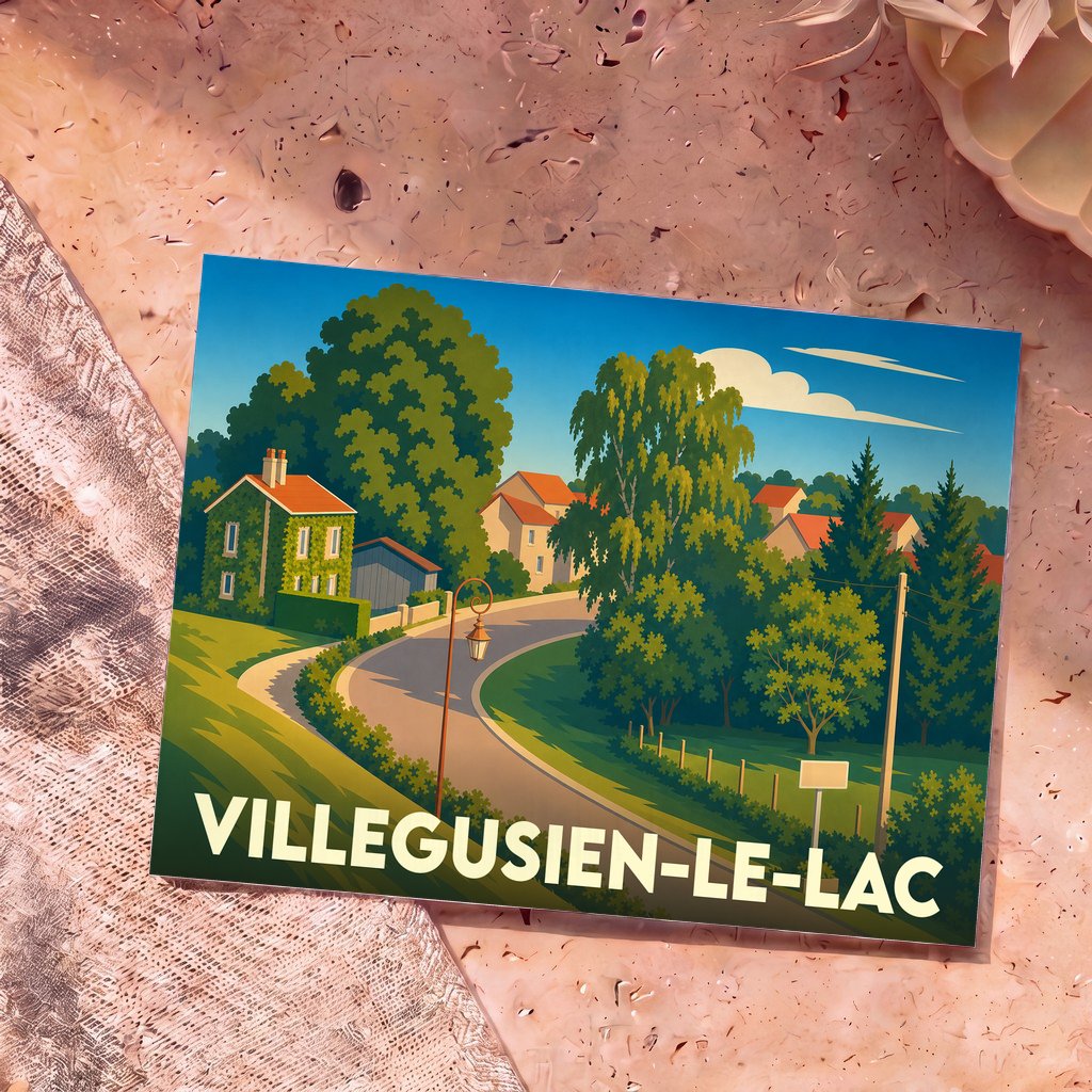 Carte postale souvenir de la ville de Villegusien-le-Lac avec une illustration stylisée et colorée.