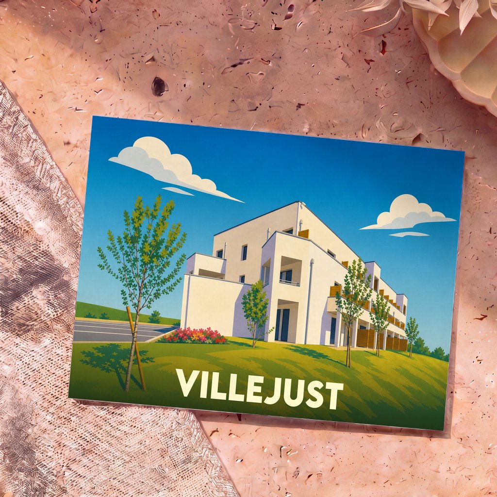 Carte postale souvenir de la ville de Villejust avec une illustration stylisée d'un bâtiment moderne sous un ciel bleu.