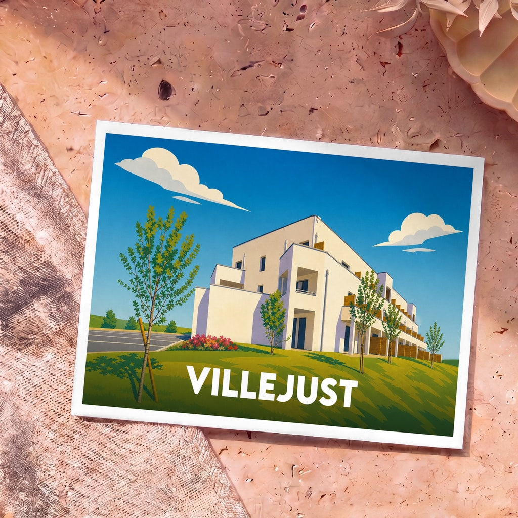 Carte postale souvenir de la ville de Villejust avec une illustration stylisée d'un bâtiment moderne sous un ciel bleu.