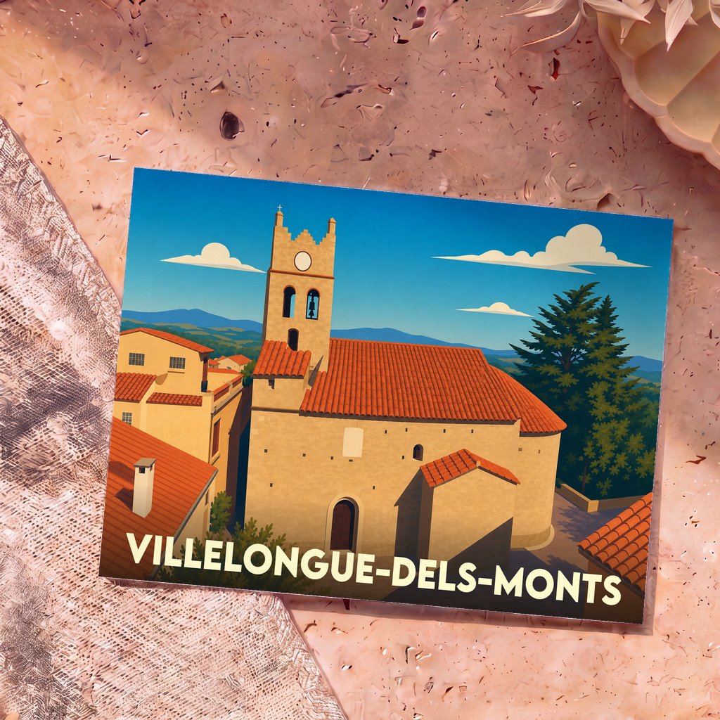 Carte postale souvenir de la ville de Villelongue-dels-Monts avec une illustration stylisée de son église et de ses toits typiques.