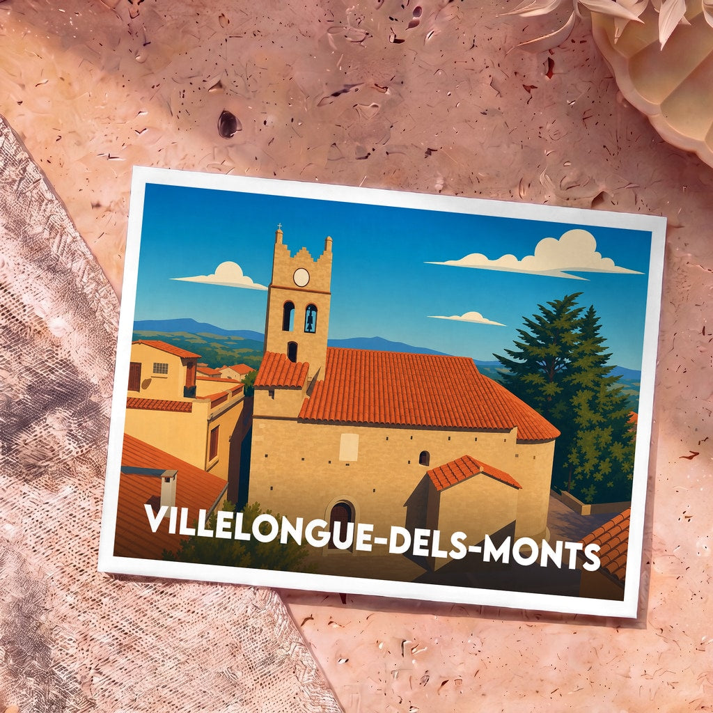 Carte postale souvenir de la ville de Villelongue-dels-Monts avec une illustration stylisée de son église et de ses toits typiques.