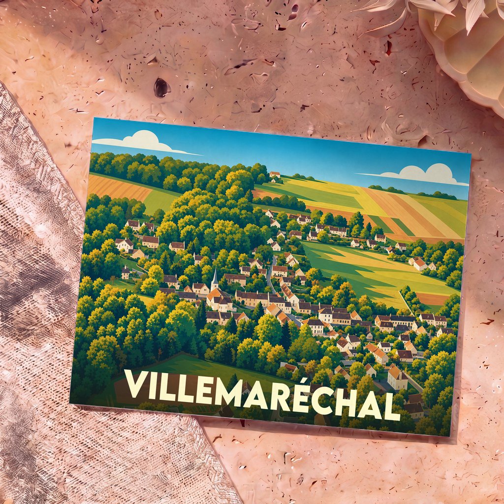 Carte postale souvenir de Villemaréchal présentant une illustration stylisée et colorée du village niché dans la verdure.
