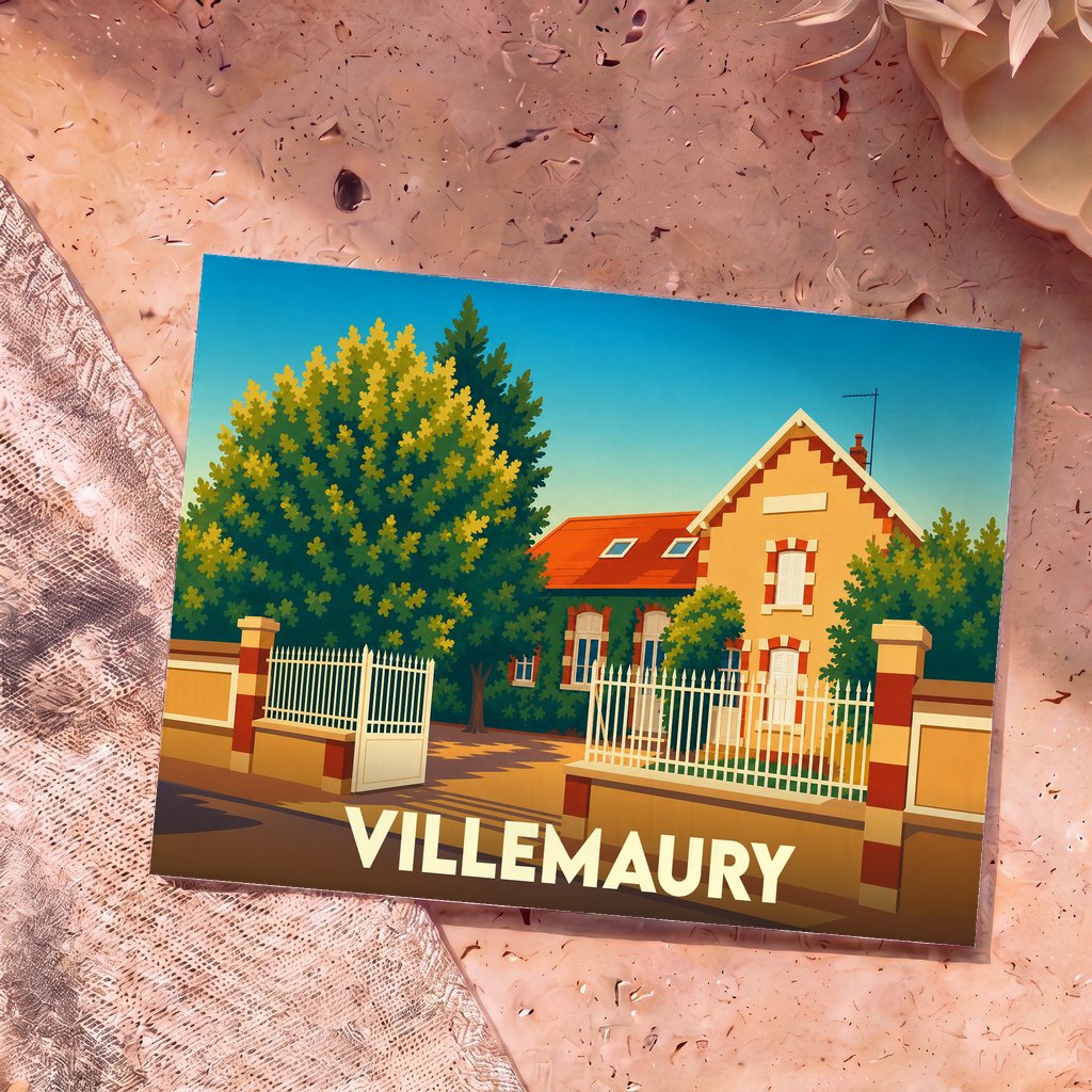 Carte postale souvenir de la ville de Villemaury avec une illustration colorée et stylisée d'une maison de caractère.