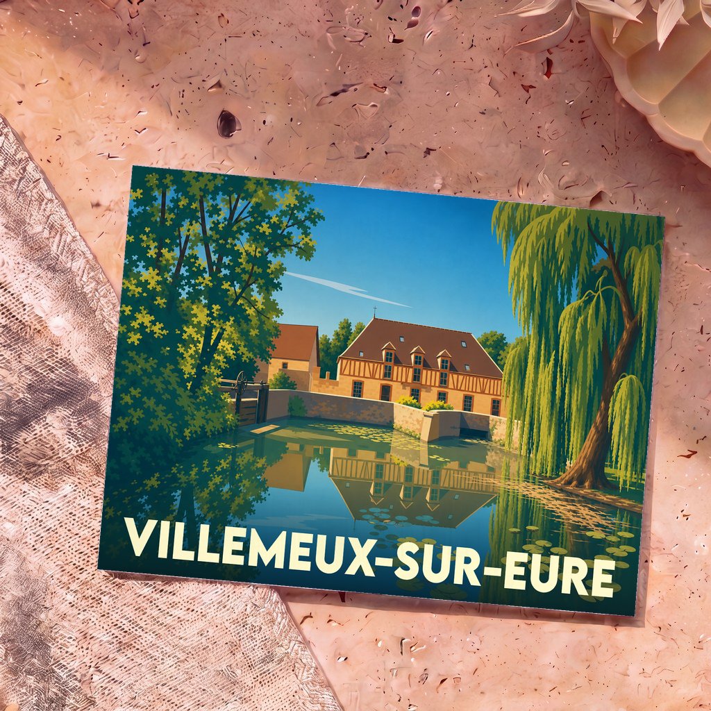 Carte postale souvenir de la ville de Villemeux-sur-Eure illustrant un moulin à colombages au bord de l'eau.