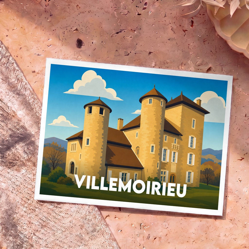 Carte postale souvenir de la ville de Villemoirieu avec une illustration stylisée de son château.