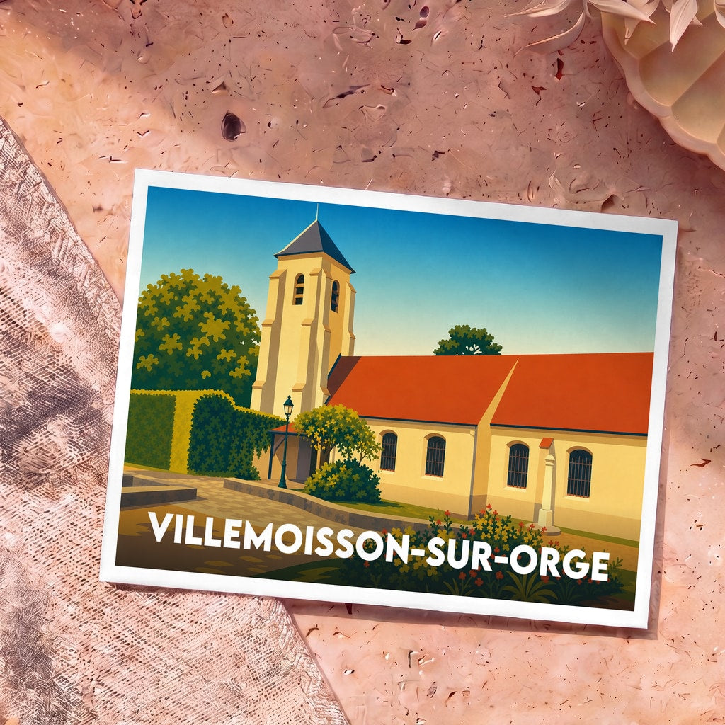 Carte postale souvenir de Villemoisson-sur-Orge illustrant son église dans un style graphique épuré.