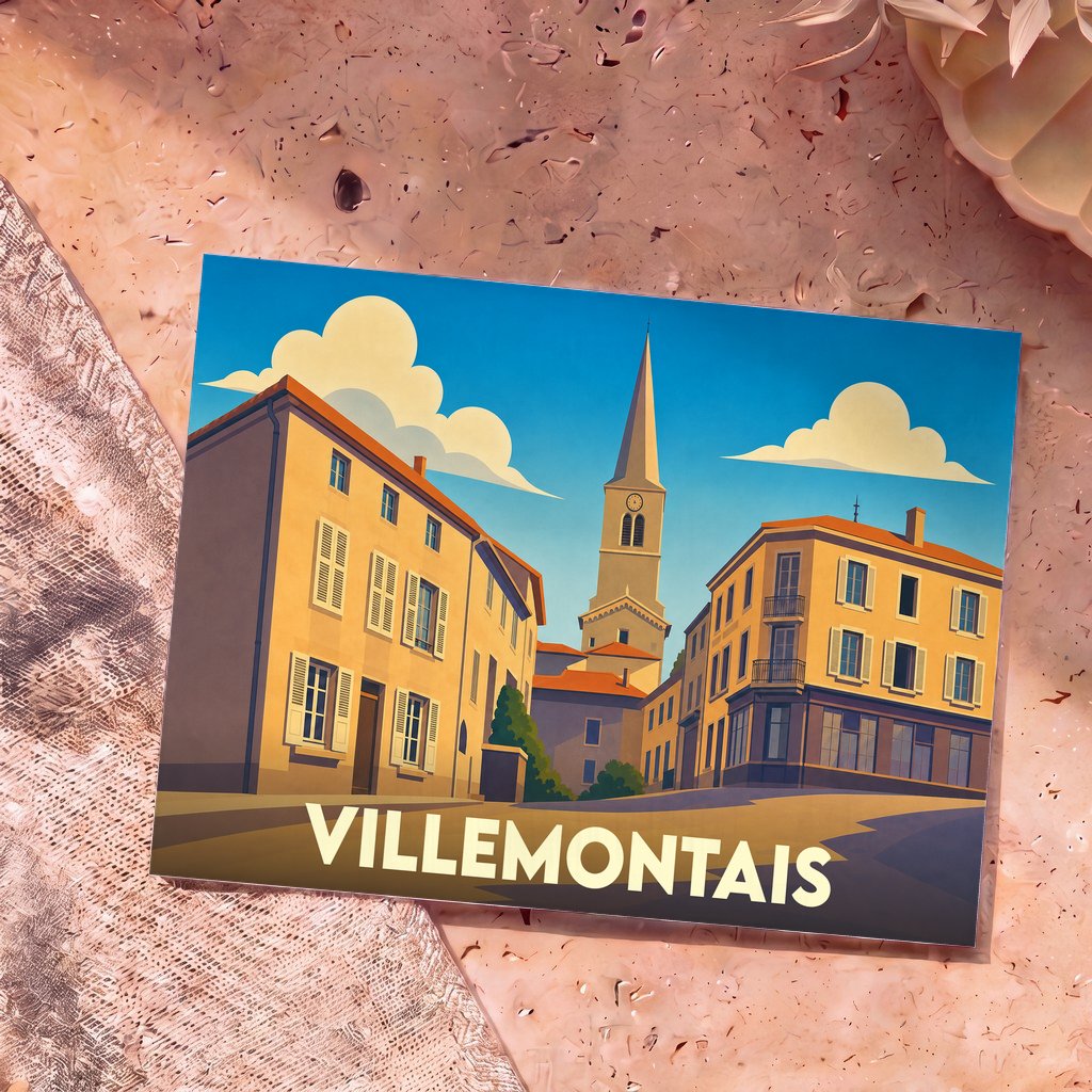 Carte postale souvenir de la ville de Villemontais avec une illustration stylisée montrant l'église et des bâtiments colorés sous un ciel bleu.