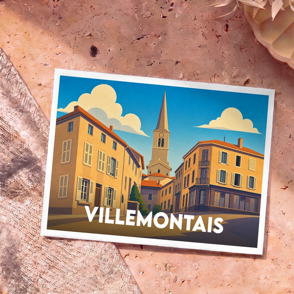 Carte postale souvenir de la ville de Villemontais avec une illustration stylisée montrant l'église et des bâtiments colorés sous un ciel bleu.
